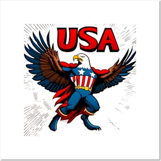 Heroic Emblem - 'USA' Over Superhero Eagle Punching Nazi, Golden Era Style Tee Posters and Art